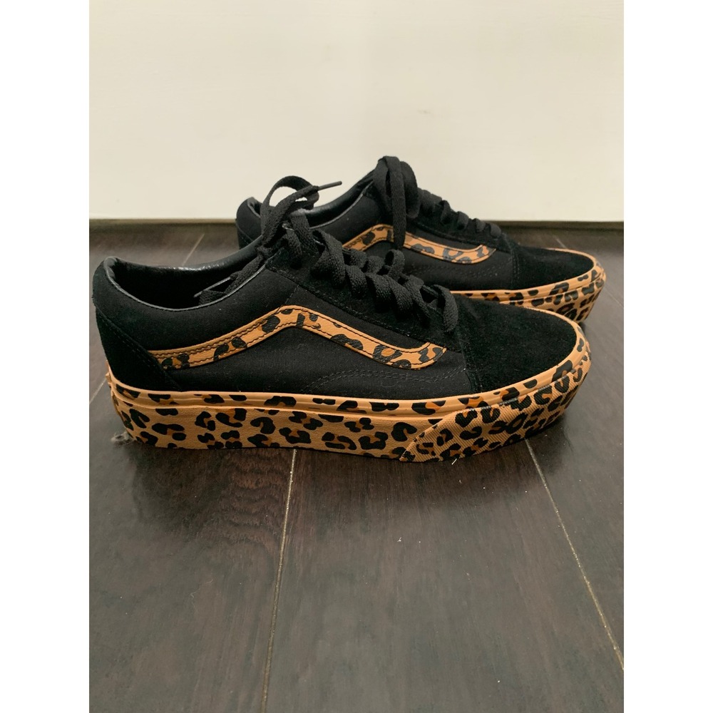 Vans Old Skool Platform Leopard Print Black Suede Sneakers Womens 8.5 Mens 7